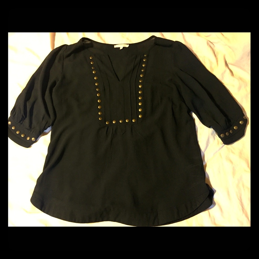 Black 3/4 Sleeve Blouse with Brass Detail